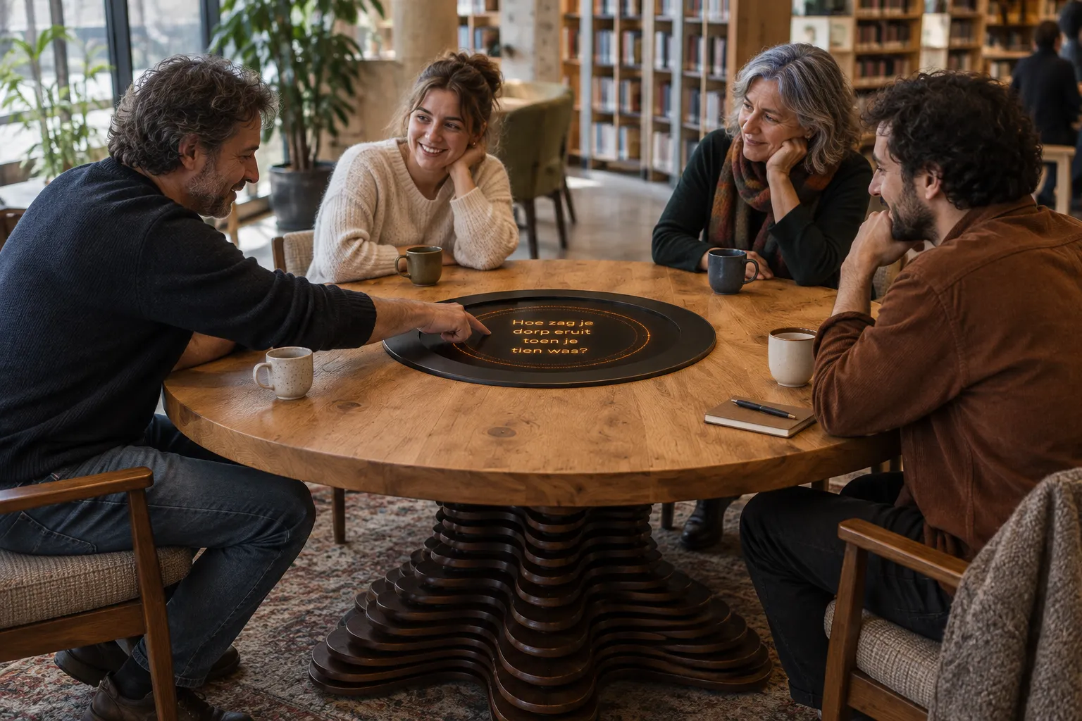 Conceptvisualisatie van mensen rond de deeltafel in een lichte bibliotheek, met een Nederlandstalige gespreksstarter op het scherm.