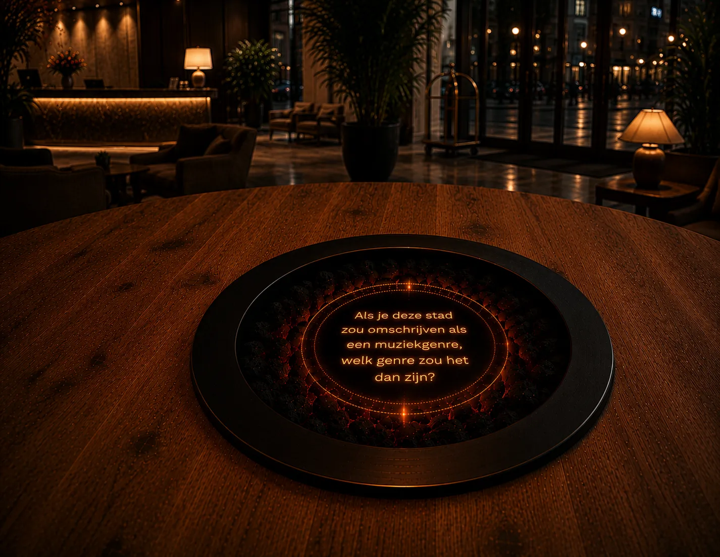 Een gespreksstarter voor een specifieke plek, getoond op de tafel in Hotel.