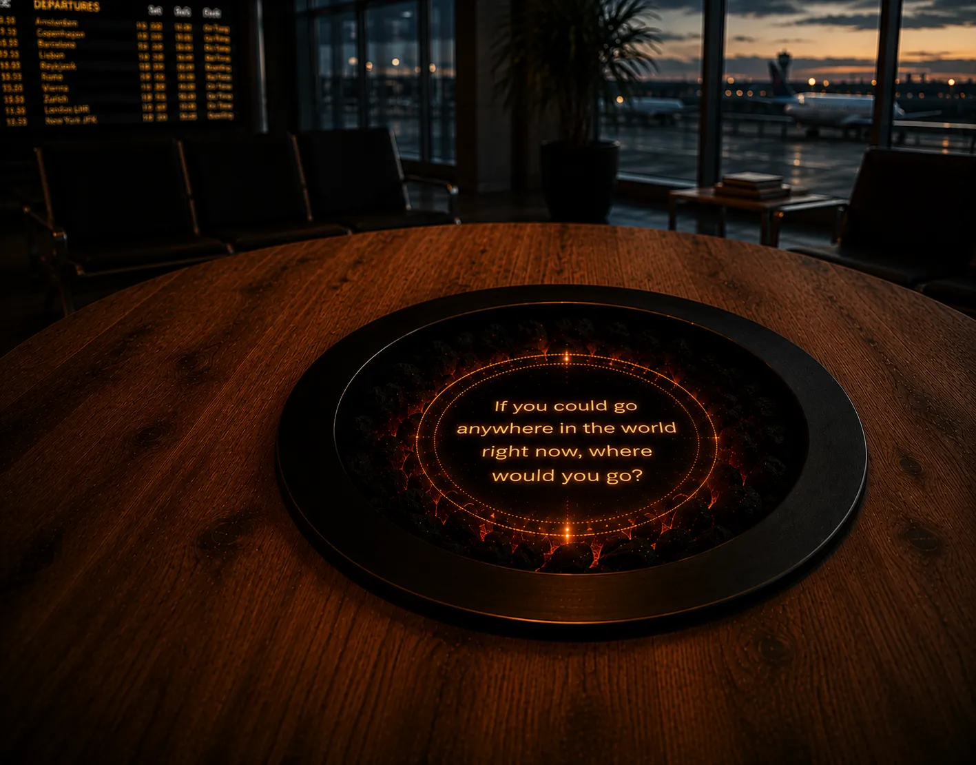 A place-specific conversation starter shown on the table in Airport.