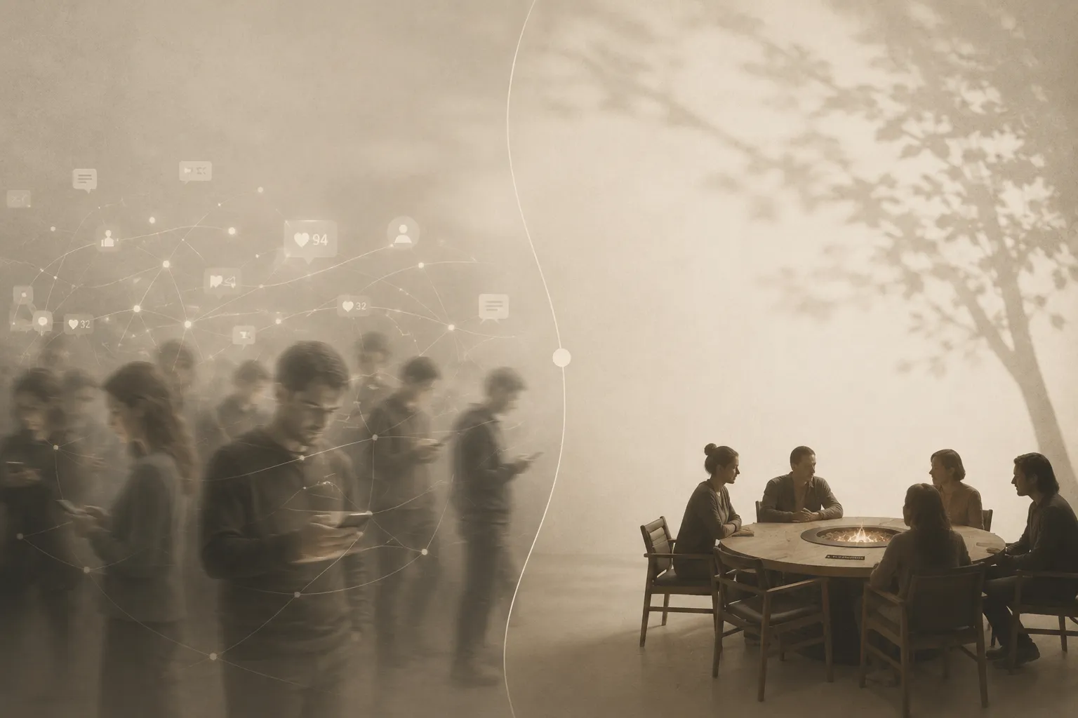 Een contrast tussen een afgeleide verbonden menigte en mensen die rond de tafel van Deep Rooted in gesprek zijn.
