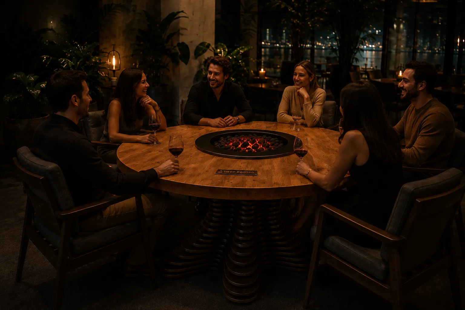 Visualisatie van mensen die bij zonsondergang rond de ronde tafel van Deep Rooted zitten.