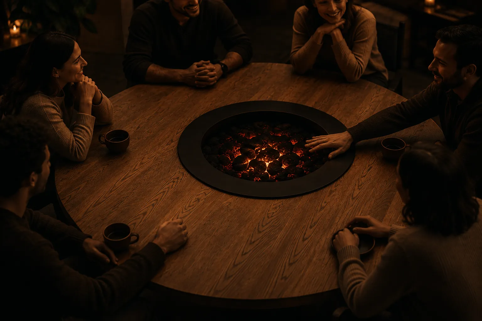 Mensen rond de tafel van Deep Rooted terwijl iemand naar het midden reikt.